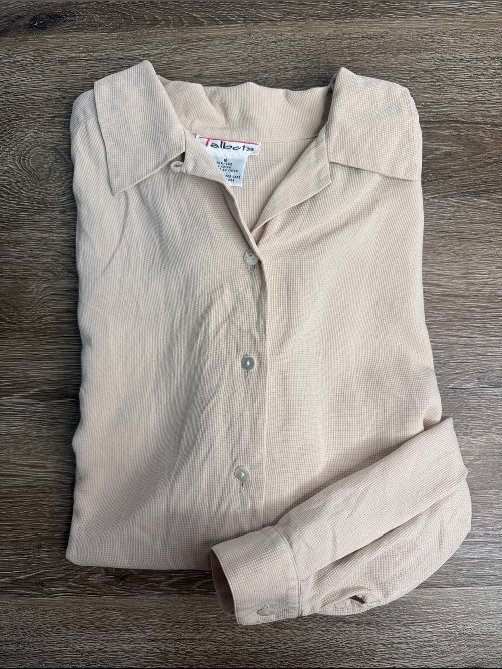 Talbots 100% Silk Button Front Blouse Beige Neutral Size 8 Classic Career Top